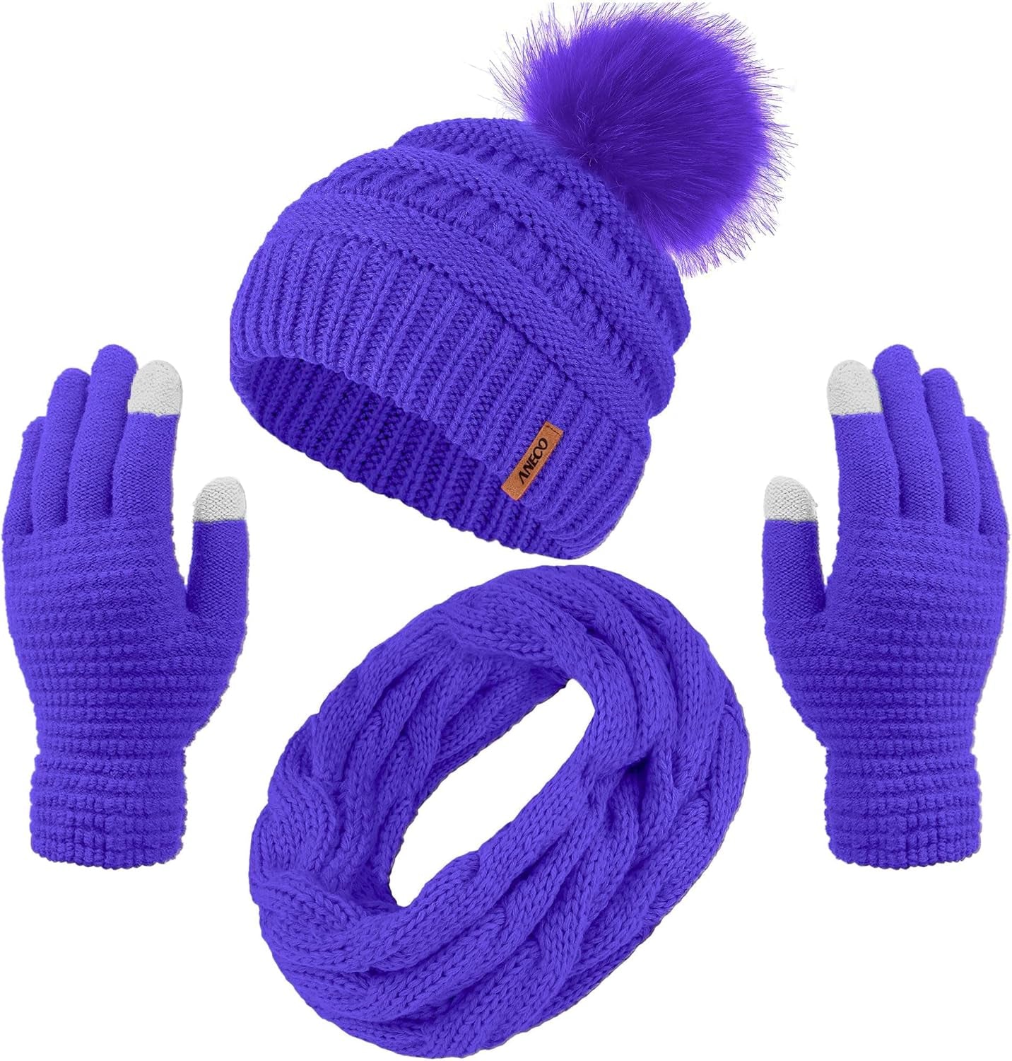 Womens Winter Warm Sets Knitted Fur Pompoms Beanie Hat Circle Loop Scarf Touch Screen Gloves Winter Favor Accessories Womens Winter Warm Sets Knitted Fur Pompoms Beanie Hat Circle Loop Scarf Touch Screen Gloves Winter Favor Accessories