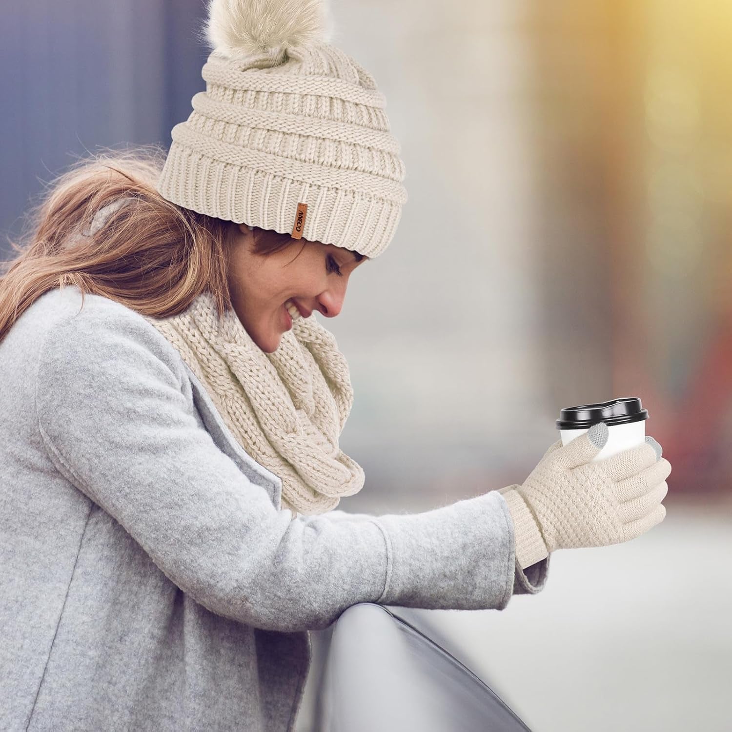 Womens Winter Warm Sets Knitted Fur Pompoms Beanie Hat Circle Loop Scarf Touch Screen Gloves Winter Favor Accessories Womens Winter Warm Sets Knitted Fur Pompoms Beanie Hat Circle Loop Scarf Touch Screen Gloves Winter Favor Accessories