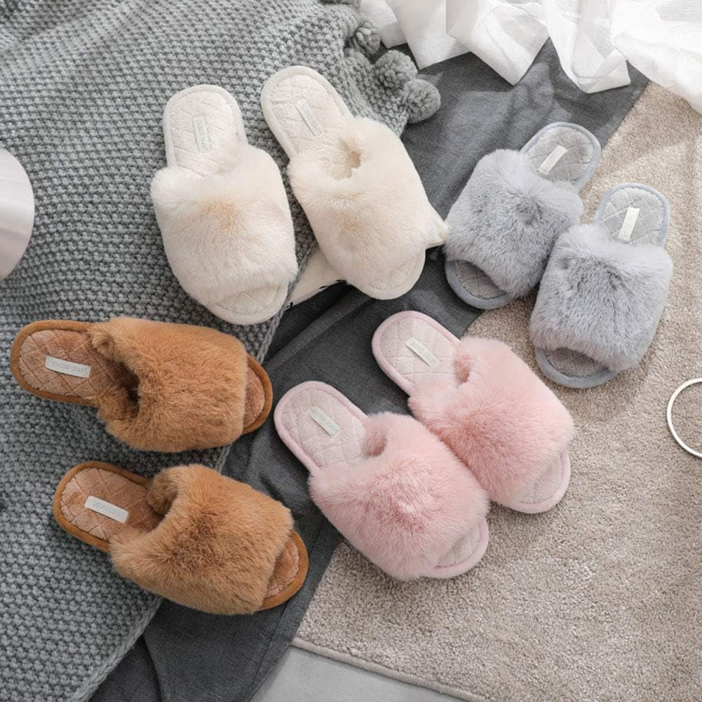 Women'S Fuzzy Fur Flat Slippers Soft Open Toe House Slippers Memory Foam Sandals Slides Home Slippers for Girls Men Indoor Outdoor Women'S Fuzzy Fur Flat Slippers Soft Open Toe House Slippers Memory Foam Sandals Slides Home Slippers for Girls Men Indoor Outdoor