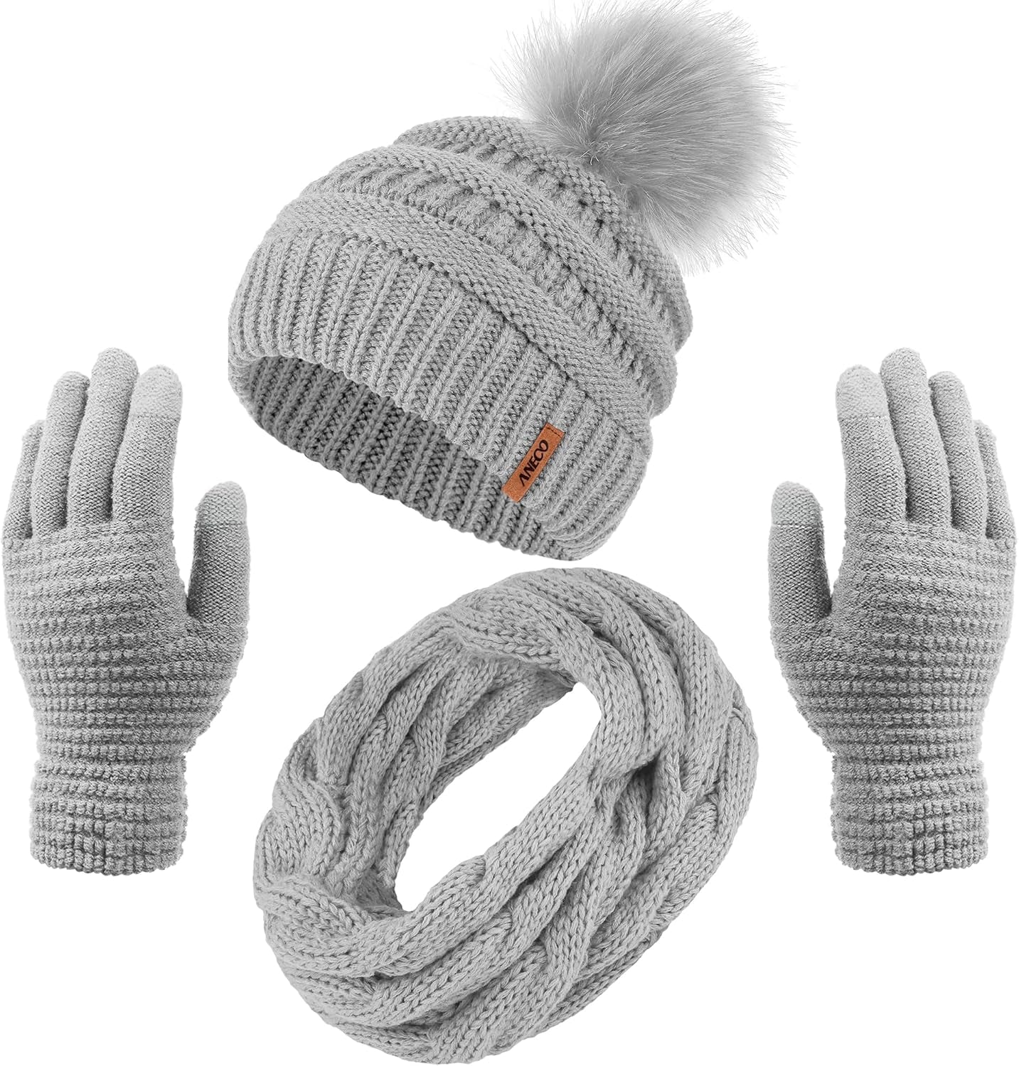 Womens Winter Warm Sets Knitted Fur Pompoms Beanie Hat Circle Loop Scarf Touch Screen Gloves Winter Favor Accessories Womens Winter Warm Sets Knitted Fur Pompoms Beanie Hat Circle Loop Scarf Touch Screen Gloves Winter Favor Accessories