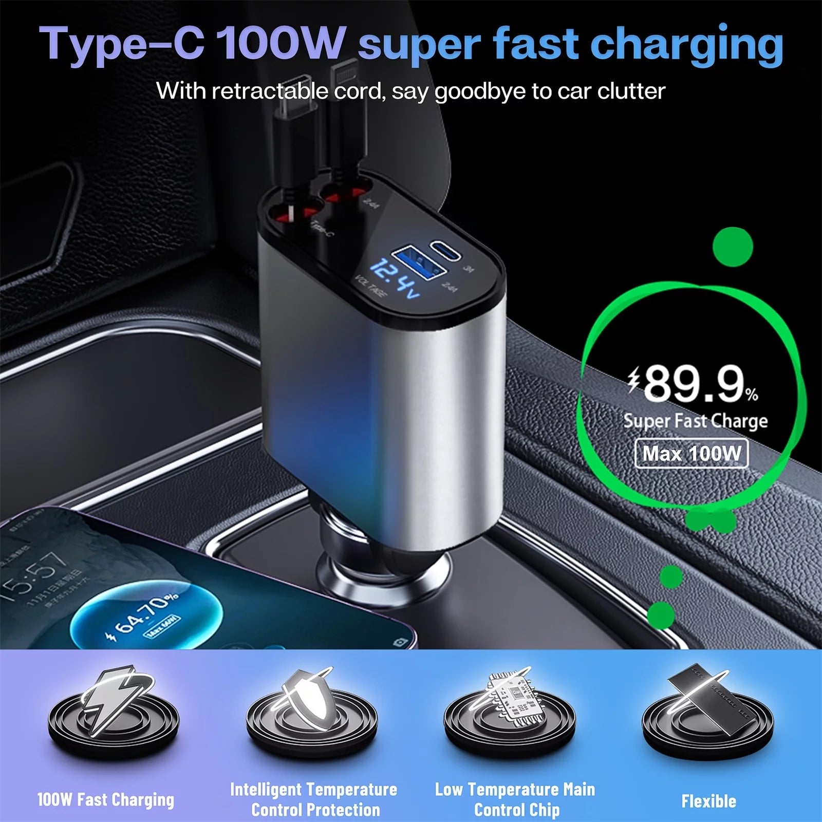 4 in 1 Retractable Car Charger, 100W Fast Car Phone Charger with Iphone and Type C Cable and 2 Charging Ports Car Charger Adapter 4 in 1 Retractable Car Charger, 100W Fast Car Phone Charger with Iphone and Type C Cable and 2 Charging Ports Car Charger Adapter