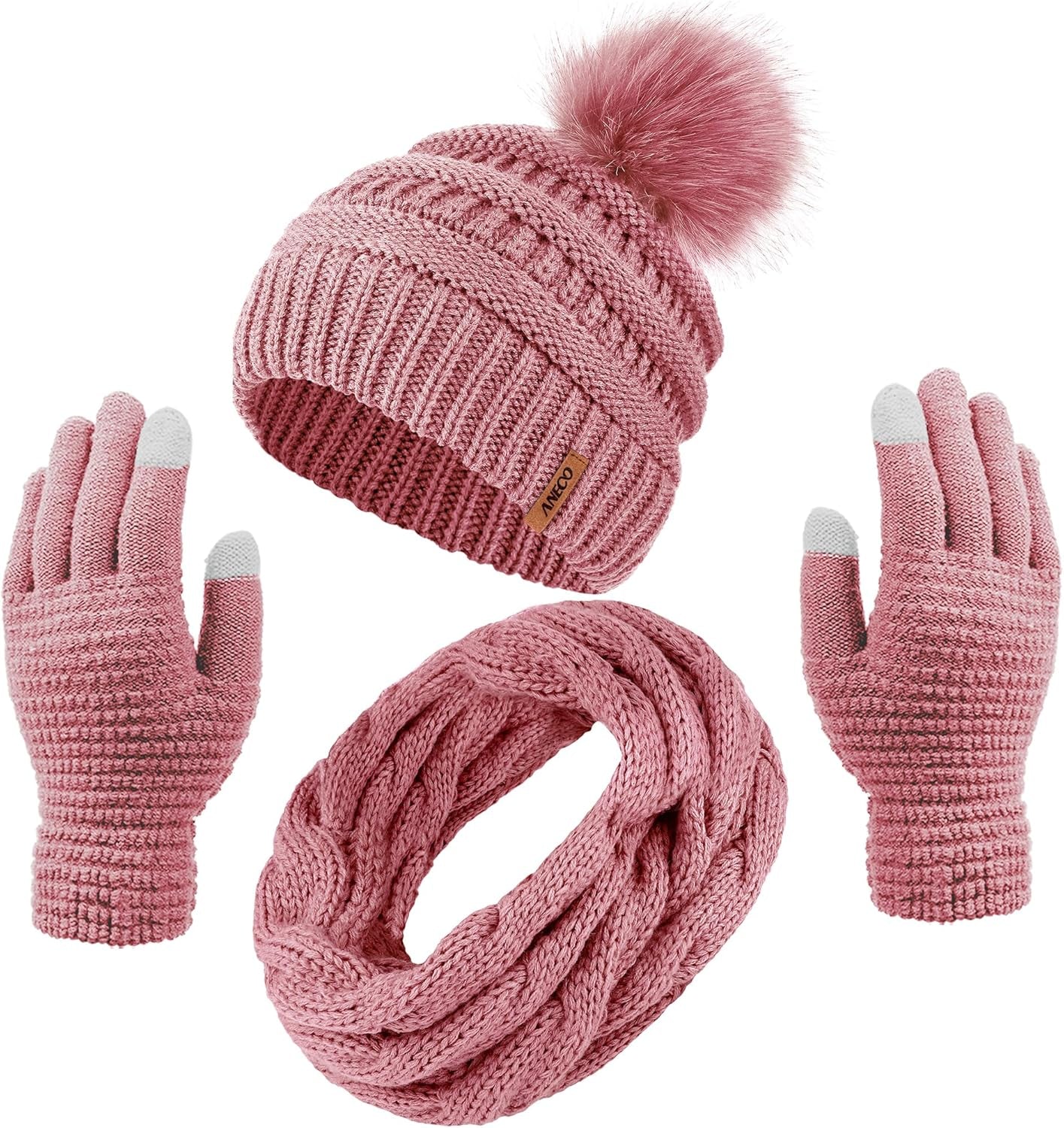 Womens Winter Warm Sets Knitted Fur Pompoms Beanie Hat Circle Loop Scarf Touch Screen Gloves Winter Favor Accessories Womens Winter Warm Sets Knitted Fur Pompoms Beanie Hat Circle Loop Scarf Touch Screen Gloves Winter Favor Accessories