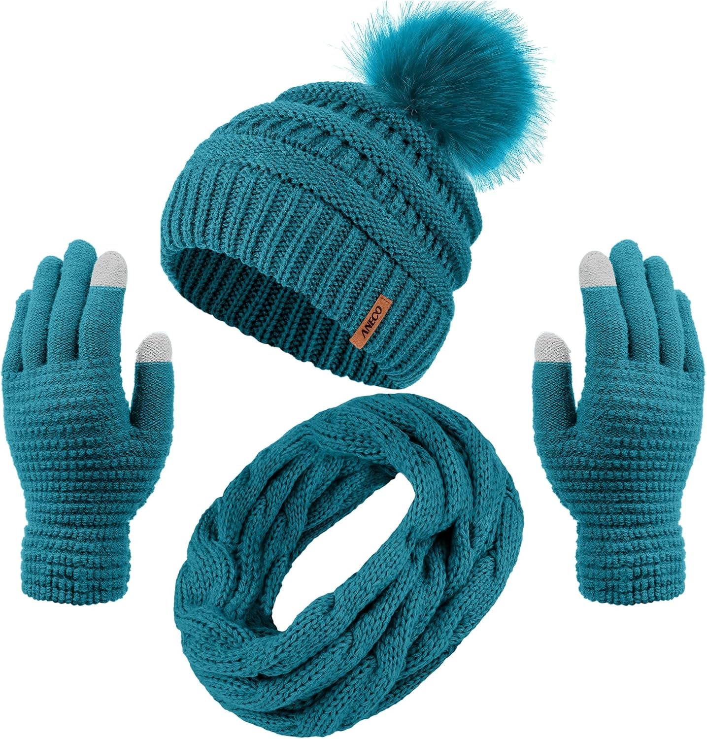 Womens Winter Warm Sets Knitted Fur Pompoms Beanie Hat Circle Loop Scarf Touch Screen Gloves Winter Favor Accessories Womens Winter Warm Sets Knitted Fur Pompoms Beanie Hat Circle Loop Scarf Touch Screen Gloves Winter Favor Accessories