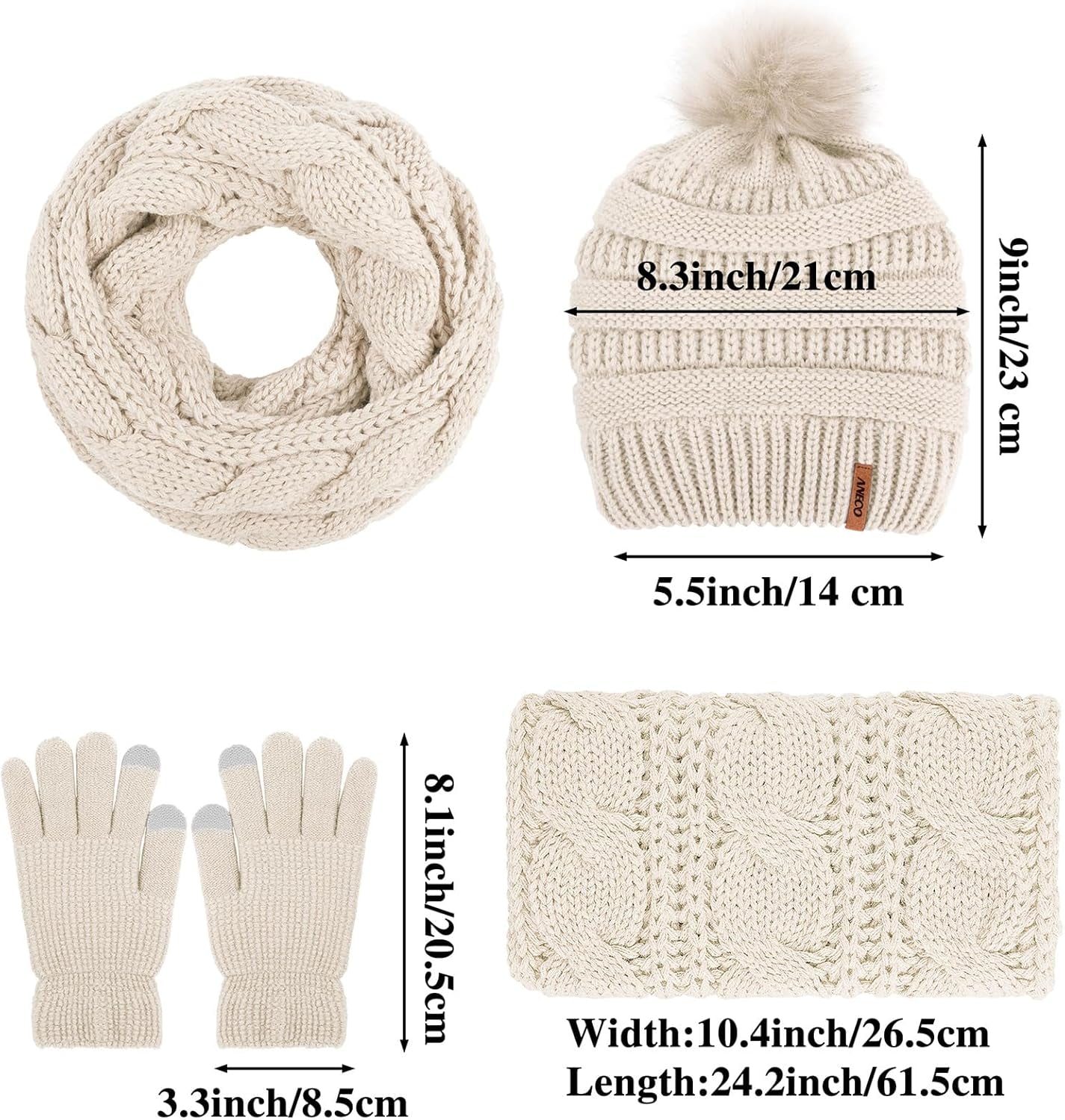 Womens Winter Warm Sets Knitted Fur Pompoms Beanie Hat Circle Loop Scarf Touch Screen Gloves Winter Favor Accessories Womens Winter Warm Sets Knitted Fur Pompoms Beanie Hat Circle Loop Scarf Touch Screen Gloves Winter Favor Accessories