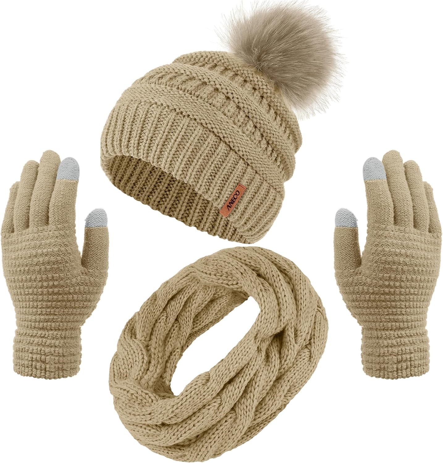 Womens Winter Warm Sets Knitted Fur Pompoms Beanie Hat Circle Loop Scarf Touch Screen Gloves Winter Favor Accessories Womens Winter Warm Sets Knitted Fur Pompoms Beanie Hat Circle Loop Scarf Touch Screen Gloves Winter Favor Accessories