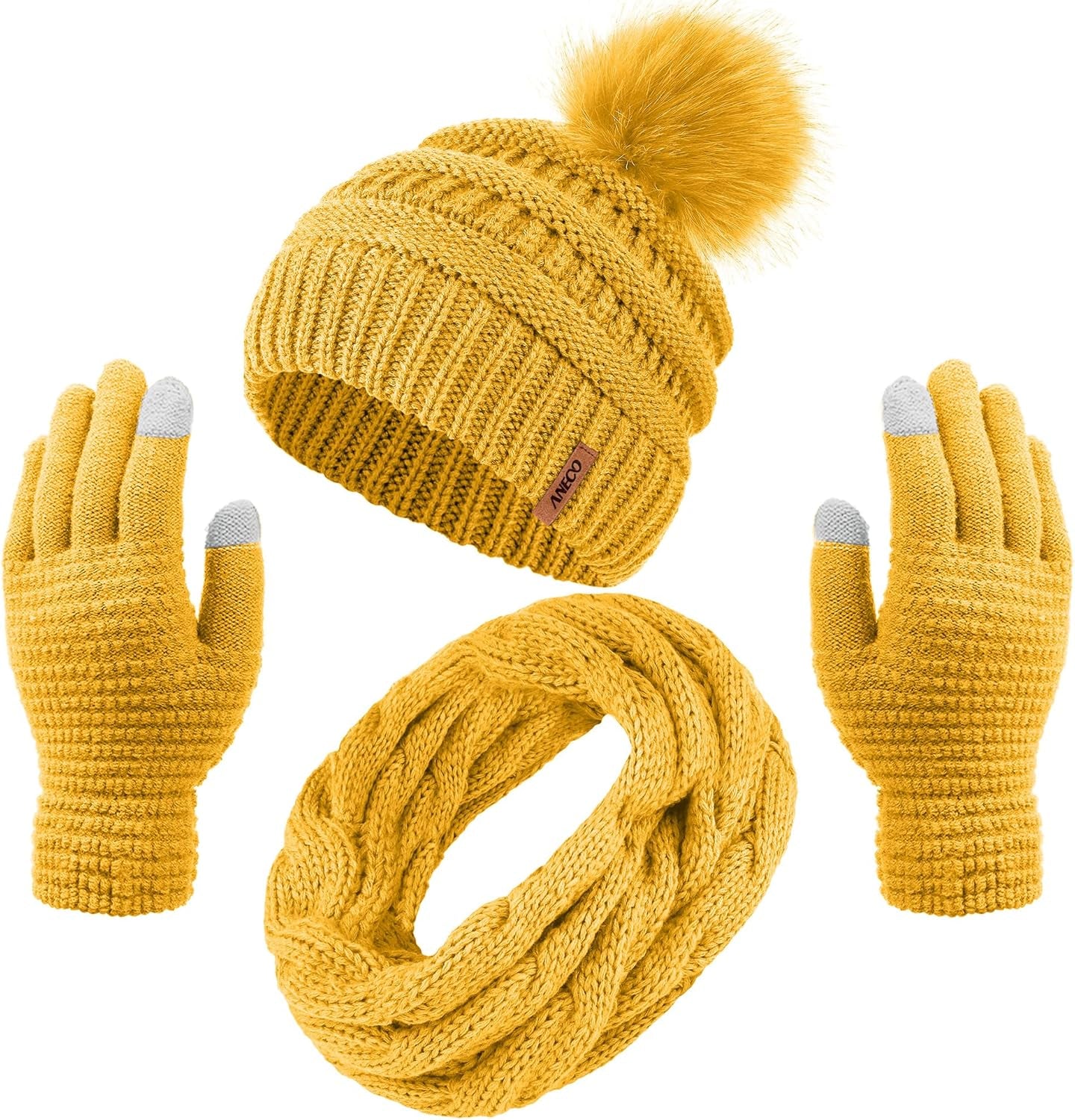 Womens Winter Warm Sets Knitted Fur Pompoms Beanie Hat Circle Loop Scarf Touch Screen Gloves Winter Favor Accessories Womens Winter Warm Sets Knitted Fur Pompoms Beanie Hat Circle Loop Scarf Touch Screen Gloves Winter Favor Accessories