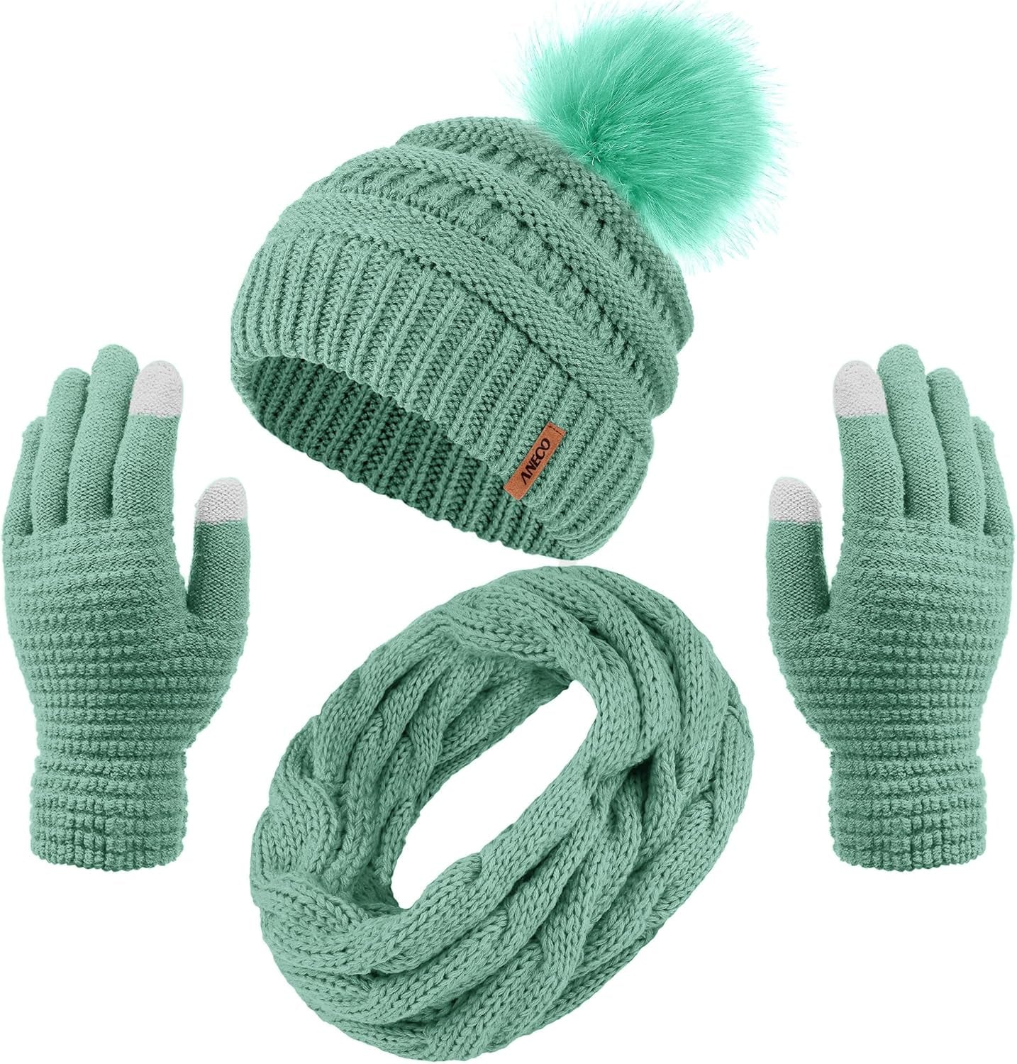 Womens Winter Warm Sets Knitted Fur Pompoms Beanie Hat Circle Loop Scarf Touch Screen Gloves Winter Favor Accessories Womens Winter Warm Sets Knitted Fur Pompoms Beanie Hat Circle Loop Scarf Touch Screen Gloves Winter Favor Accessories