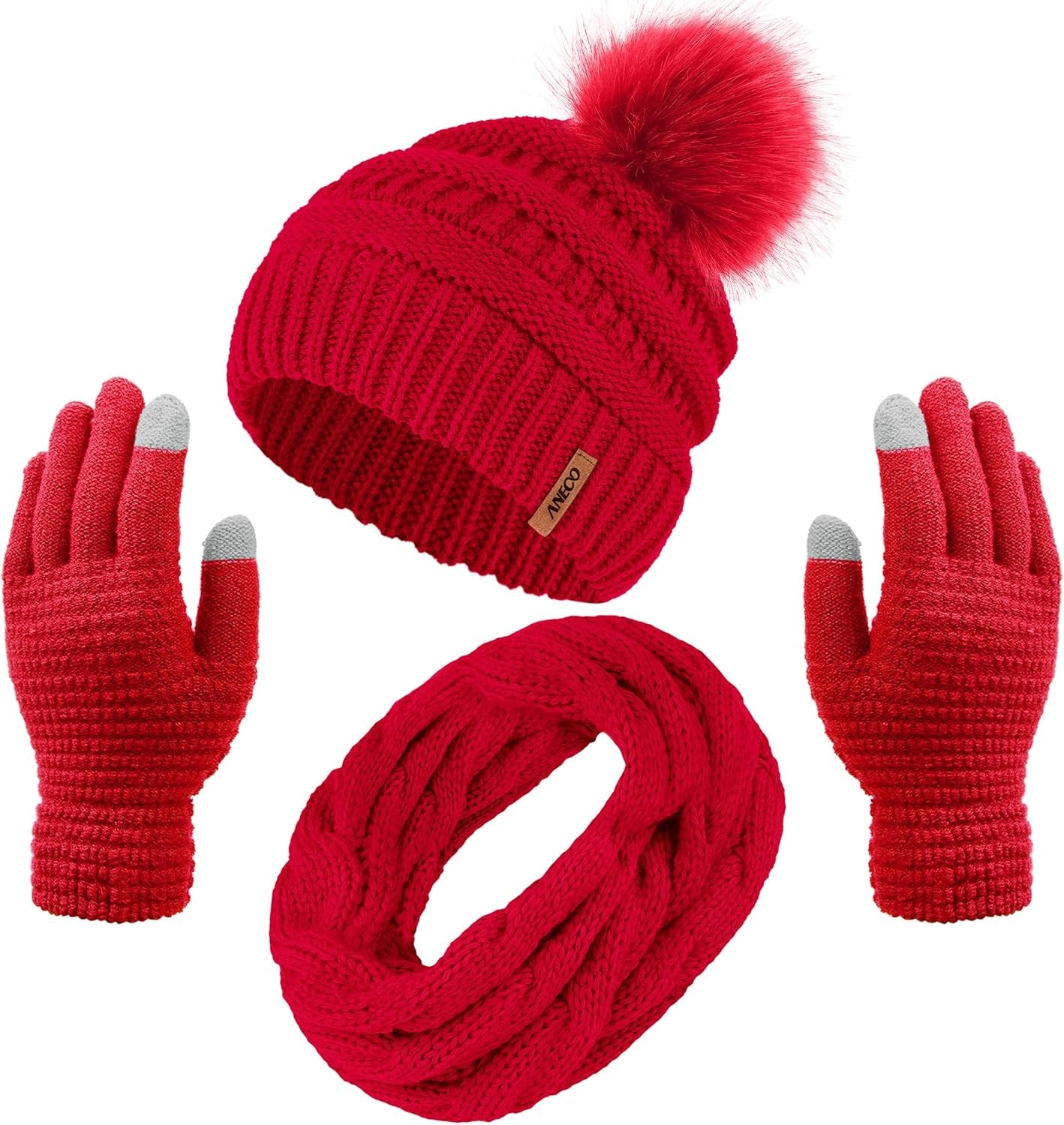 Womens Winter Warm Sets Knitted Fur Pompoms Beanie Hat Circle Loop Scarf Touch Screen Gloves Winter Favor Accessories Womens Winter Warm Sets Knitted Fur Pompoms Beanie Hat Circle Loop Scarf Touch Screen Gloves Winter Favor Accessories