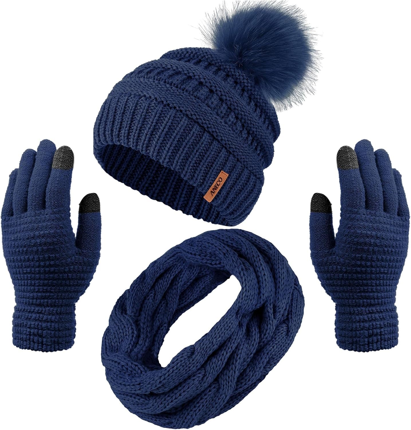 Womens Winter Warm Sets Knitted Fur Pompoms Beanie Hat Circle Loop Scarf Touch Screen Gloves Winter Favor Accessories Womens Winter Warm Sets Knitted Fur Pompoms Beanie Hat Circle Loop Scarf Touch Screen Gloves Winter Favor Accessories