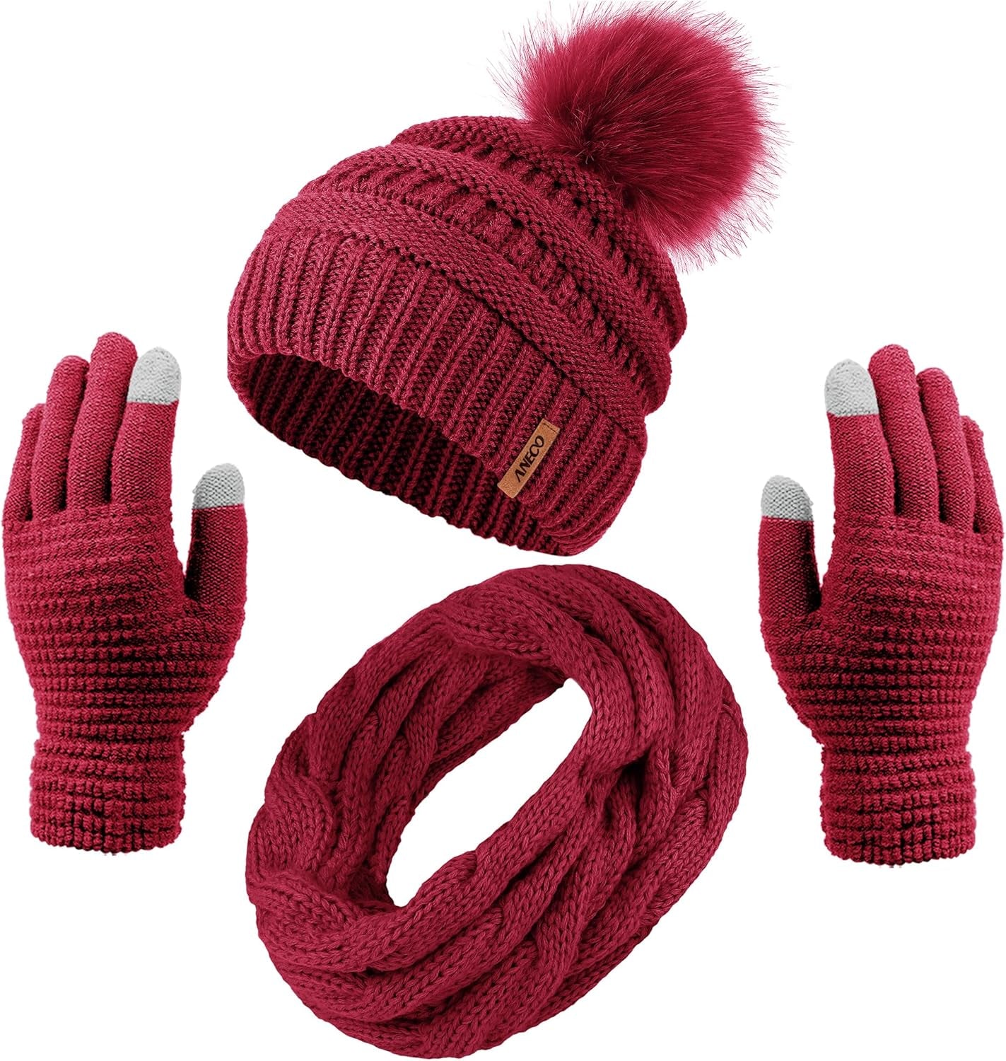 Womens Winter Warm Sets Knitted Fur Pompoms Beanie Hat Circle Loop Scarf Touch Screen Gloves Winter Favor Accessories Womens Winter Warm Sets Knitted Fur Pompoms Beanie Hat Circle Loop Scarf Touch Screen Gloves Winter Favor Accessories