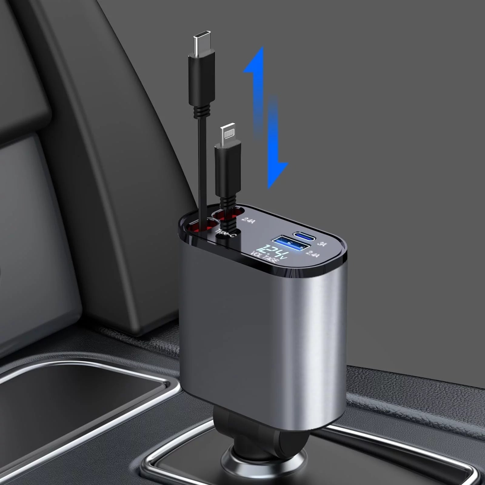 4 in 1 Retractable Car Charger, 100W Fast Car Phone Charger with Iphone and Type C Cable and 2 Charging Ports Car Charger Adapter 4 in 1 Retractable Car Charger, 100W Fast Car Phone Charger with Iphone and Type C Cable and 2 Charging Ports Car Charger Adapter