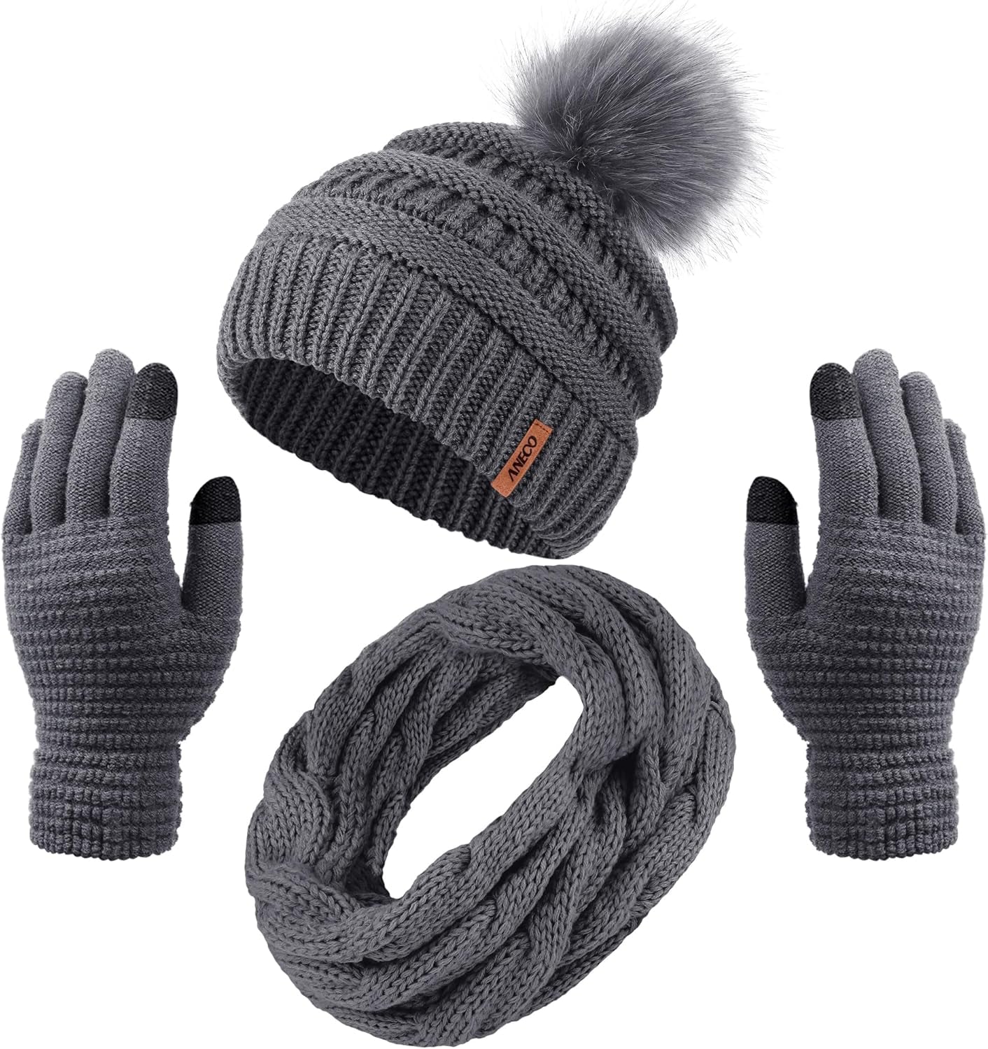 Womens Winter Warm Sets Knitted Fur Pompoms Beanie Hat Circle Loop Scarf Touch Screen Gloves Winter Favor Accessories Womens Winter Warm Sets Knitted Fur Pompoms Beanie Hat Circle Loop Scarf Touch Screen Gloves Winter Favor Accessories