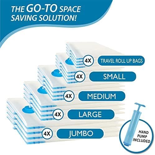 20 Pack Vacuum Storage Bags, Space Saver Bags (4 Jumbo/4 Large/4 Medium/4 Small/4 Roll) Compression for Comforters and Blankets, Sealer Clothes Storage, Hand Pump Included 20 Pack Vacuum Storage Bags, Space Saver Bags (4 Jumbo/4 Large/4 Medium/4 Small/4 Roll) Compression for Comforters and Blankets, Sealer Clothes Storage, Hand Pump Included