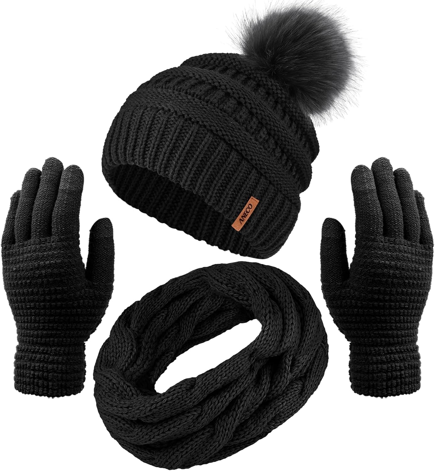 Womens Winter Warm Sets Knitted Fur Pompoms Beanie Hat Circle Loop Scarf Touch Screen Gloves Winter Favor Accessories Womens Winter Warm Sets Knitted Fur Pompoms Beanie Hat Circle Loop Scarf Touch Screen Gloves Winter Favor Accessories
