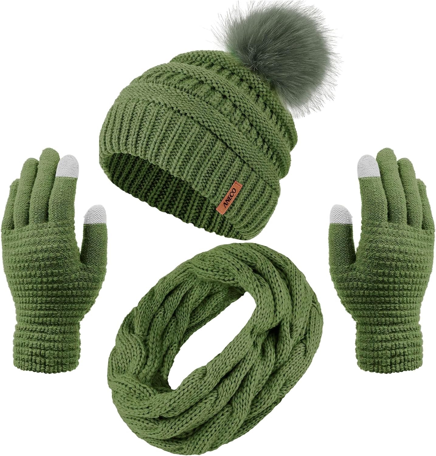 Womens Winter Warm Sets Knitted Fur Pompoms Beanie Hat Circle Loop Scarf Touch Screen Gloves Winter Favor Accessories Womens Winter Warm Sets Knitted Fur Pompoms Beanie Hat Circle Loop Scarf Touch Screen Gloves Winter Favor Accessories