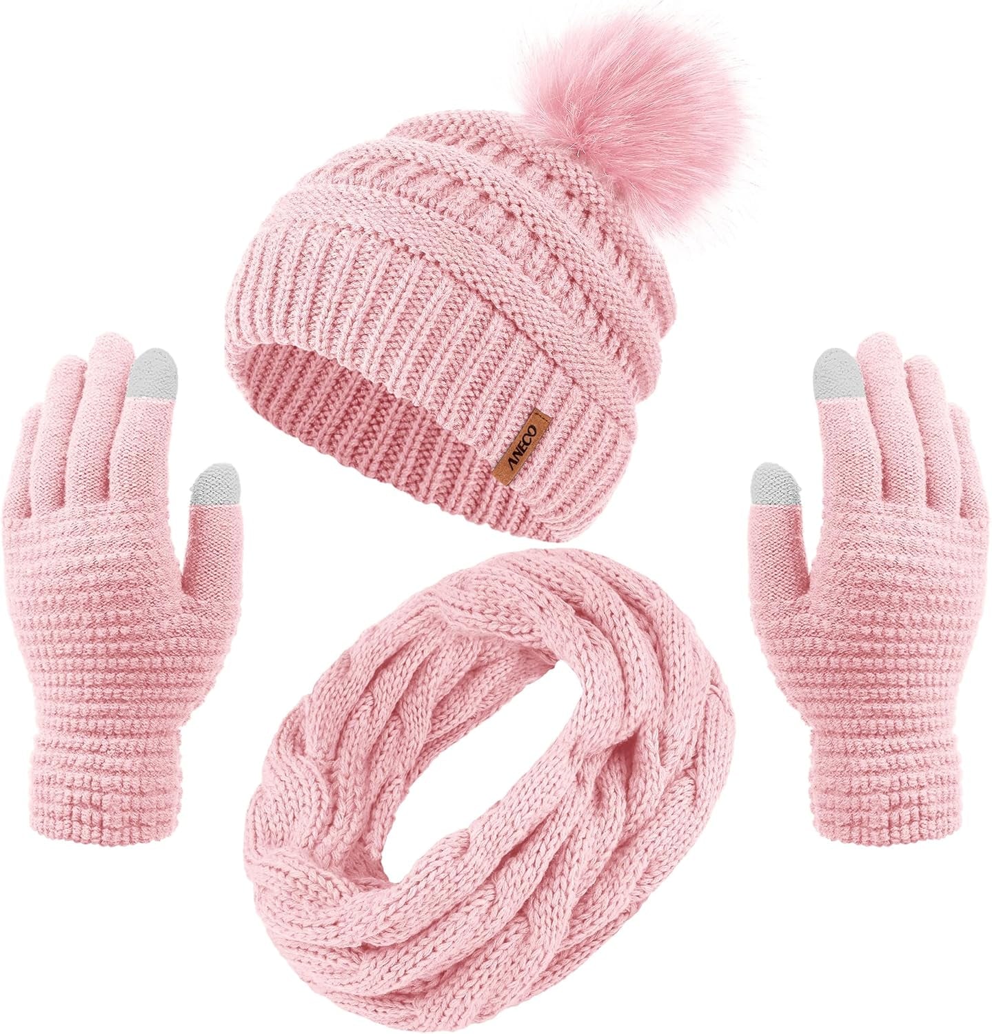 Womens Winter Warm Sets Knitted Fur Pompoms Beanie Hat Circle Loop Scarf Touch Screen Gloves Winter Favor Accessories Womens Winter Warm Sets Knitted Fur Pompoms Beanie Hat Circle Loop Scarf Touch Screen Gloves Winter Favor Accessories