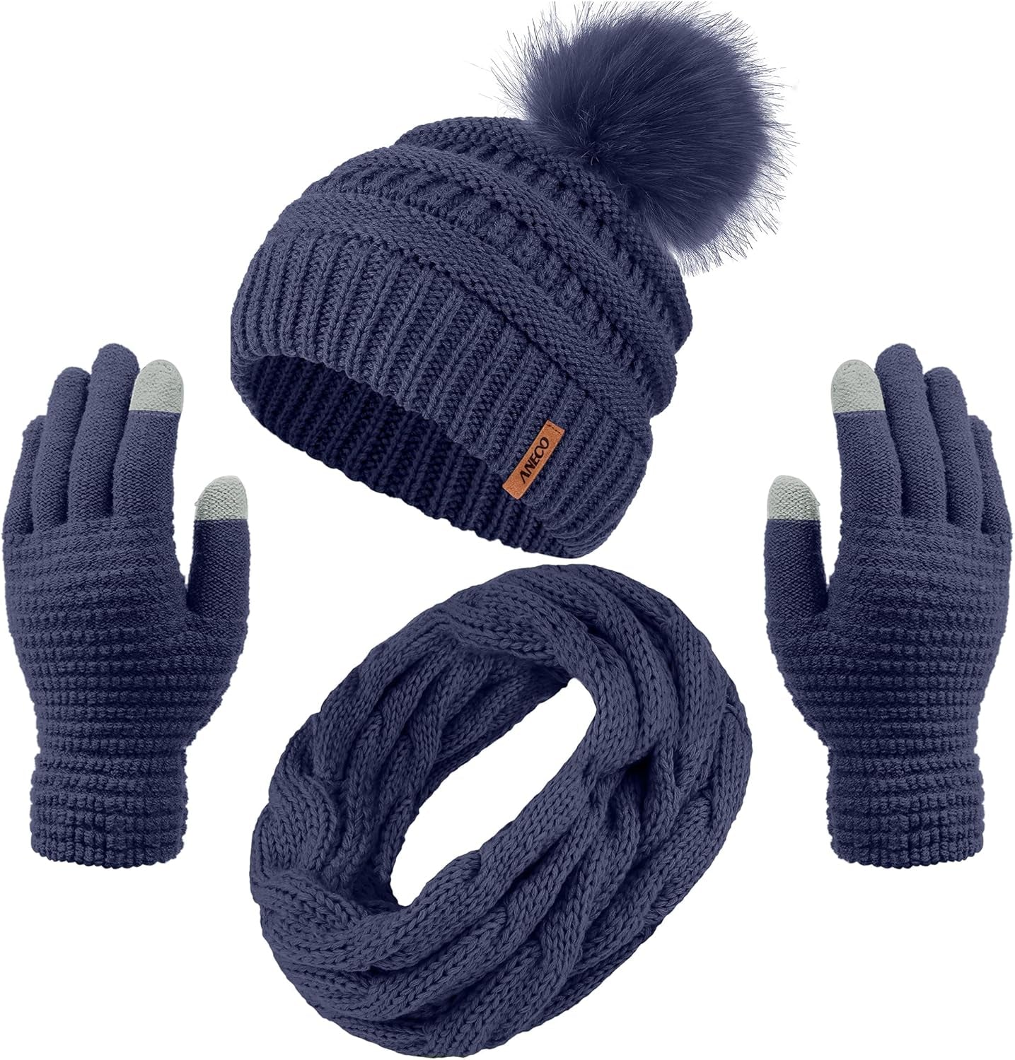 Womens Winter Warm Sets Knitted Fur Pompoms Beanie Hat Circle Loop Scarf Touch Screen Gloves Winter Favor Accessories Womens Winter Warm Sets Knitted Fur Pompoms Beanie Hat Circle Loop Scarf Touch Screen Gloves Winter Favor Accessories