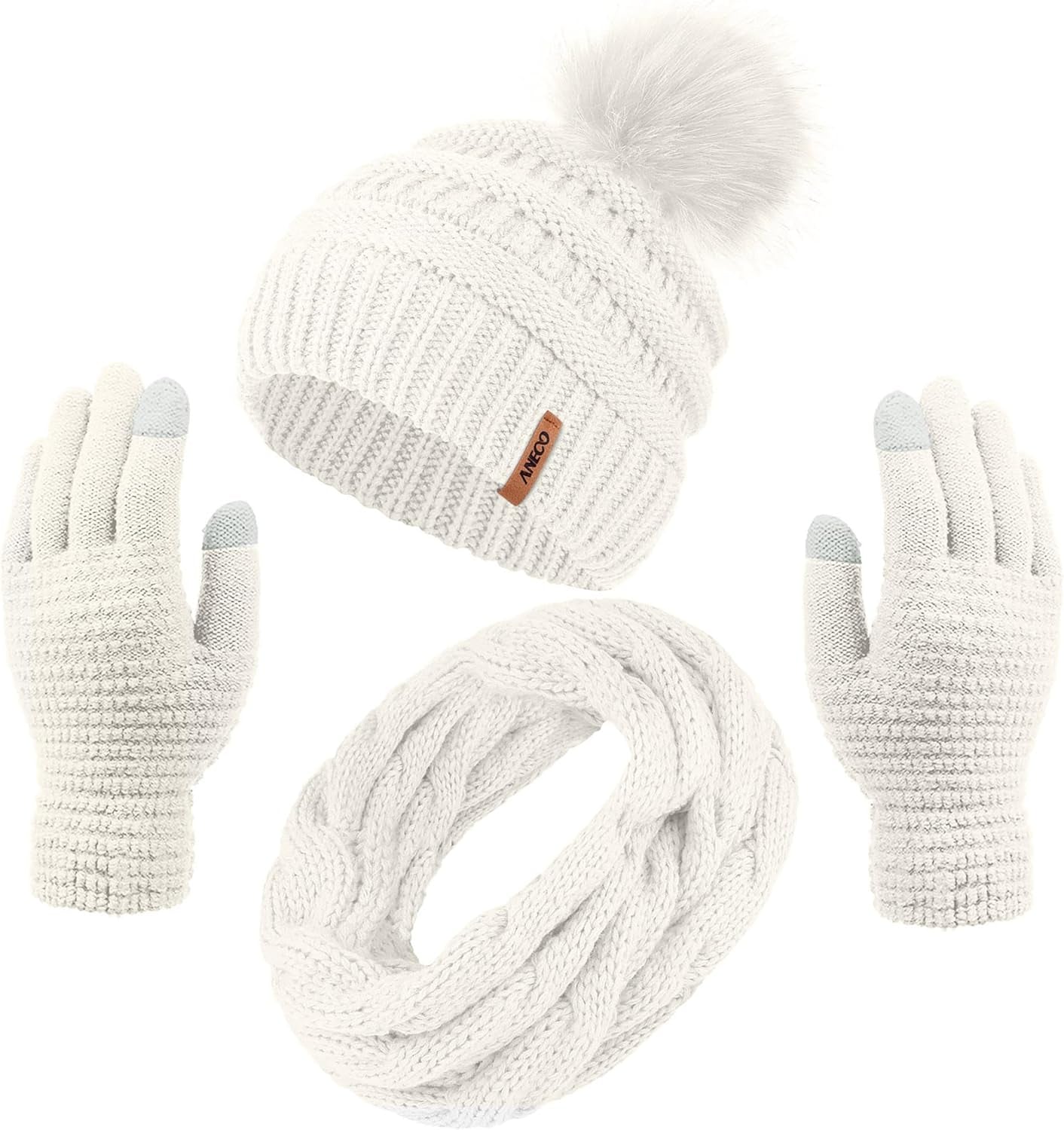 Womens Winter Warm Sets Knitted Fur Pompoms Beanie Hat Circle Loop Scarf Touch Screen Gloves Winter Favor Accessories Womens Winter Warm Sets Knitted Fur Pompoms Beanie Hat Circle Loop Scarf Touch Screen Gloves Winter Favor Accessories