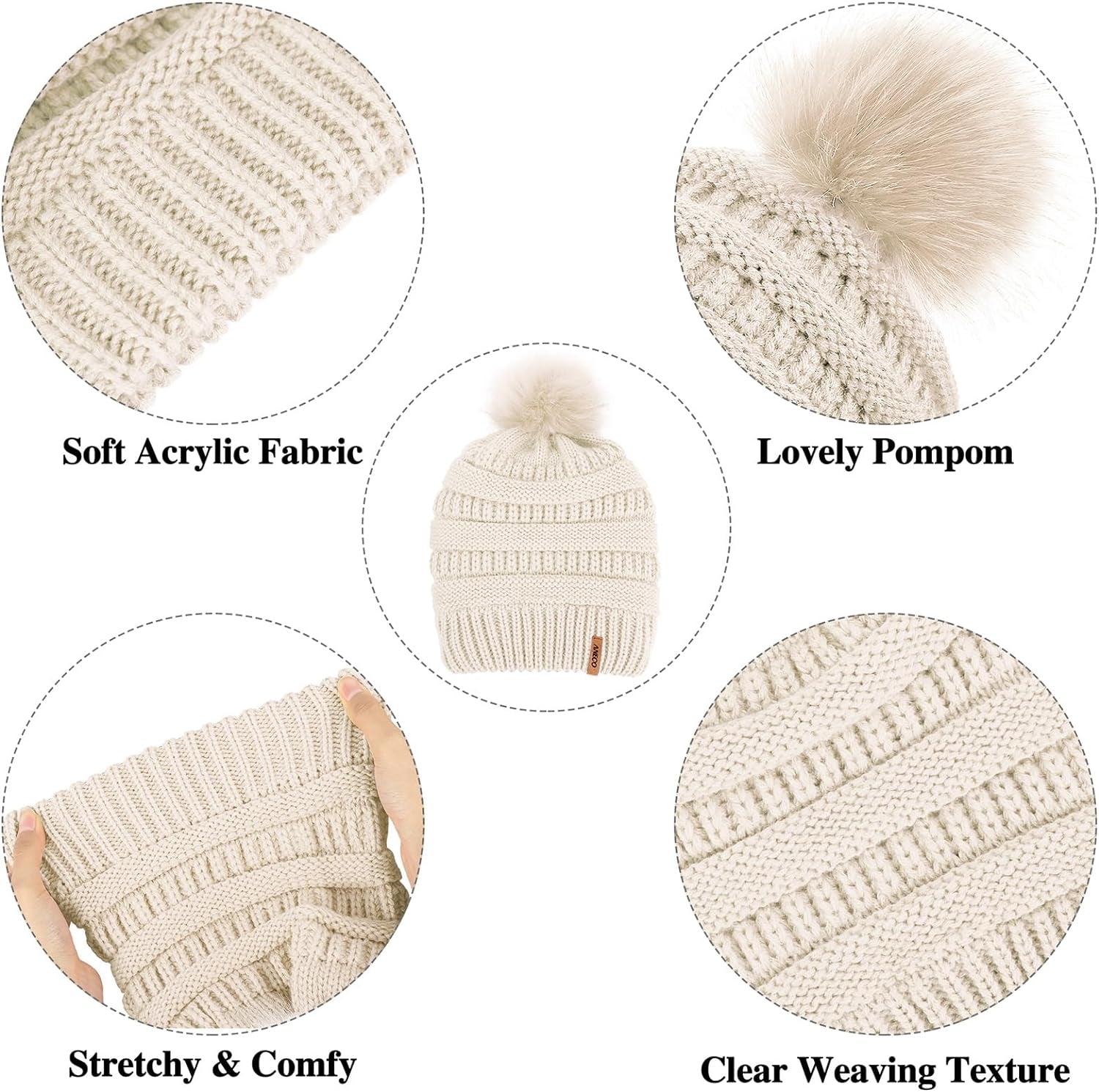 Womens Winter Warm Sets Knitted Fur Pompoms Beanie Hat Circle Loop Scarf Touch Screen Gloves Winter Favor Accessories Womens Winter Warm Sets Knitted Fur Pompoms Beanie Hat Circle Loop Scarf Touch Screen Gloves Winter Favor Accessories