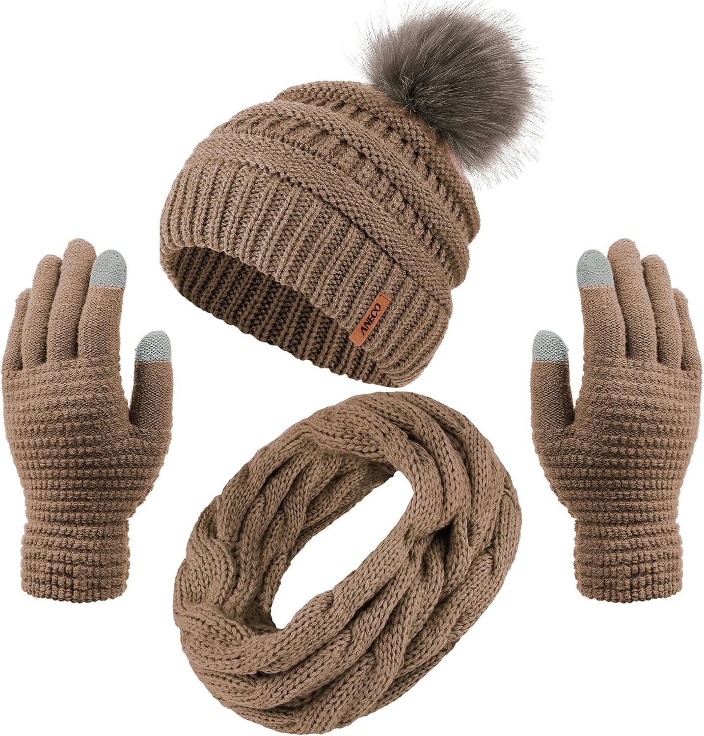 Womens Winter Warm Sets Knitted Fur Pompoms Beanie Hat Circle Loop Scarf Touch Screen Gloves Winter Favor Accessories Womens Winter Warm Sets Knitted Fur Pompoms Beanie Hat Circle Loop Scarf Touch Screen Gloves Winter Favor Accessories