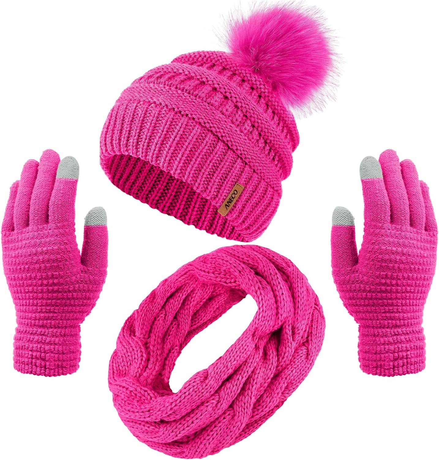 Womens Winter Warm Sets Knitted Fur Pompoms Beanie Hat Circle Loop Scarf Touch Screen Gloves Winter Favor Accessories Womens Winter Warm Sets Knitted Fur Pompoms Beanie Hat Circle Loop Scarf Touch Screen Gloves Winter Favor Accessories
