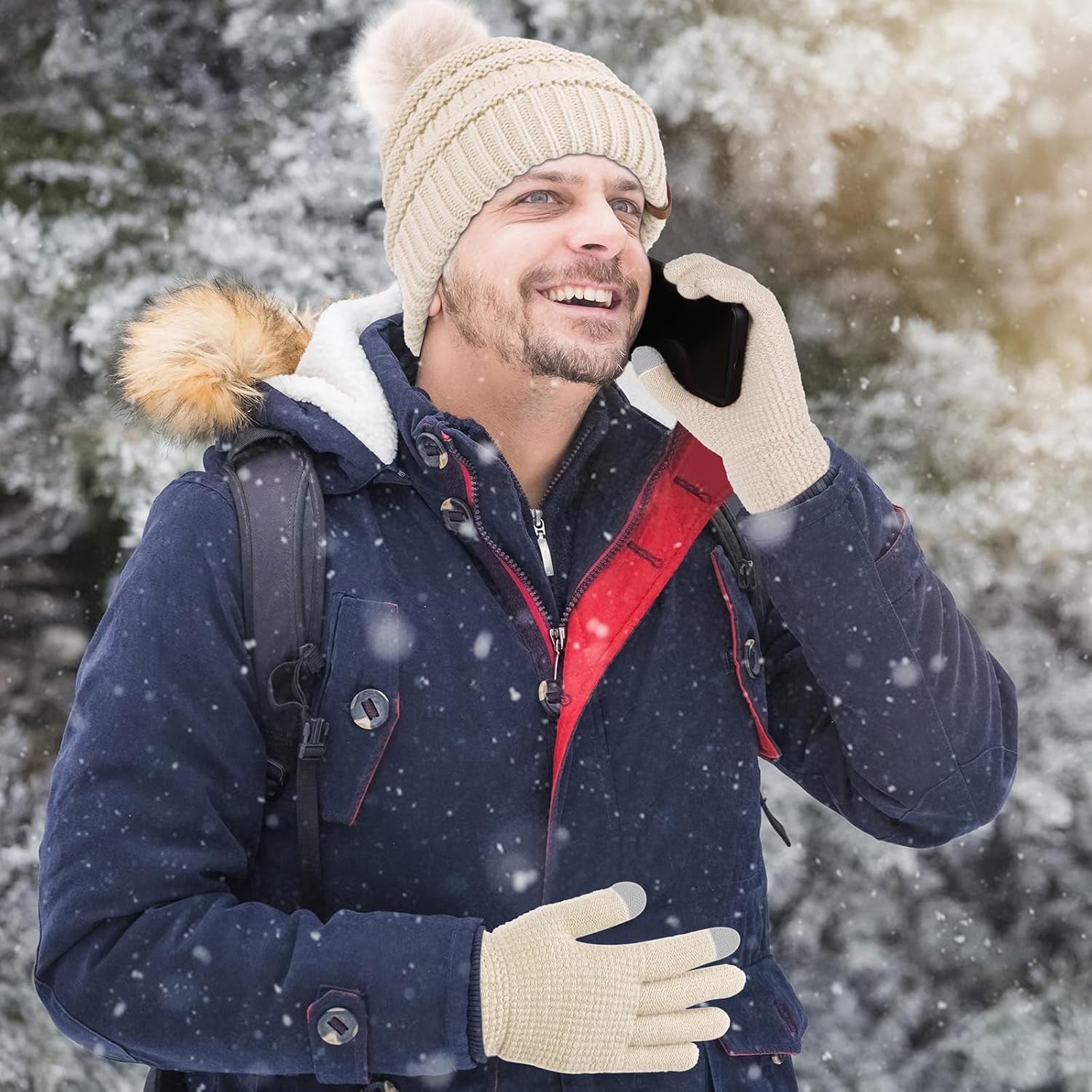 Womens Winter Warm Sets Knitted Fur Pompoms Beanie Hat Circle Loop Scarf Touch Screen Gloves Winter Favor Accessories Womens Winter Warm Sets Knitted Fur Pompoms Beanie Hat Circle Loop Scarf Touch Screen Gloves Winter Favor Accessories