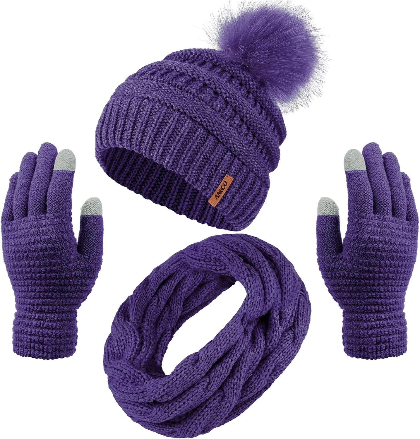 Womens Winter Warm Sets Knitted Fur Pompoms Beanie Hat Circle Loop Scarf Touch Screen Gloves Winter Favor Accessories