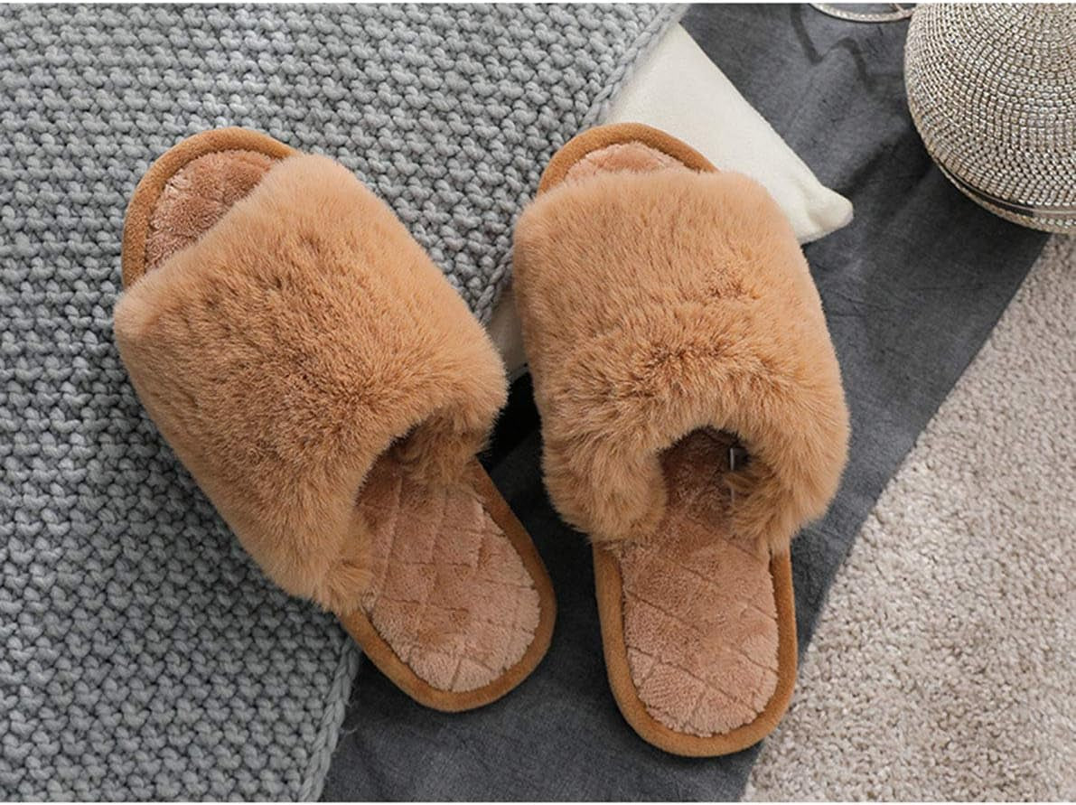 Women'S Fuzzy Fur Flat Slippers Soft Open Toe House Slippers Memory Foam Sandals Slides Home Slippers for Girls Men Indoor Outdoor